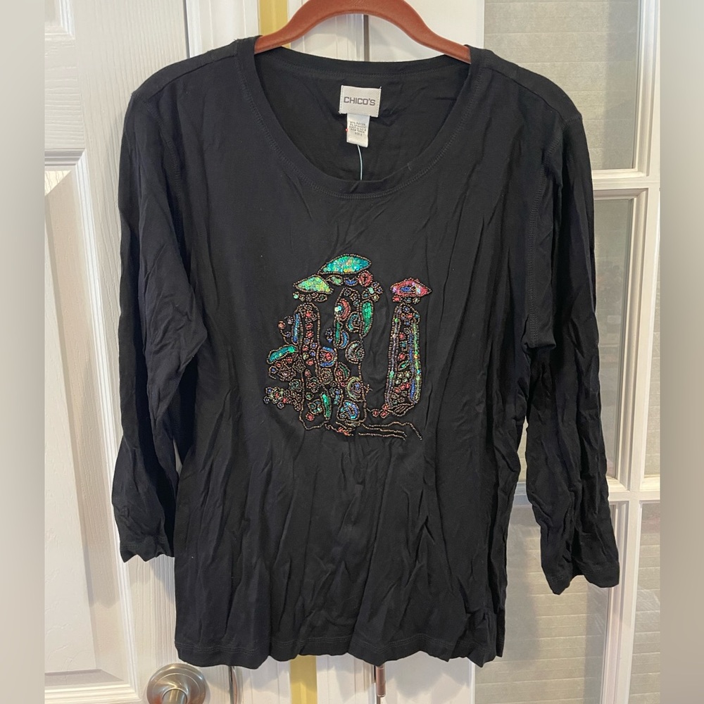 Chico's Black Blouse with Colorful Embellishments